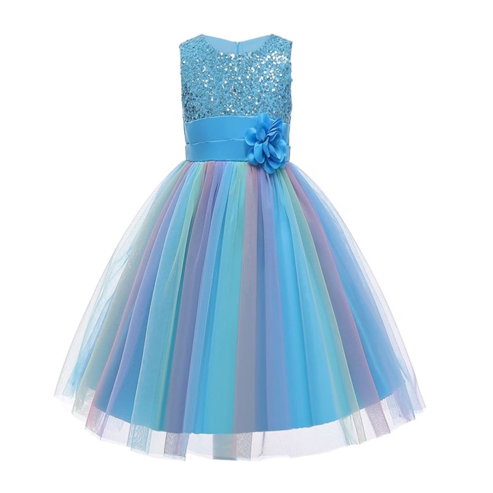 Rochita Curcubeu de Printesa pentru fete, ANUTETOUNI®, Petrecere, Tesatura Fina, 7-8 ani, 130 cm, Albastru