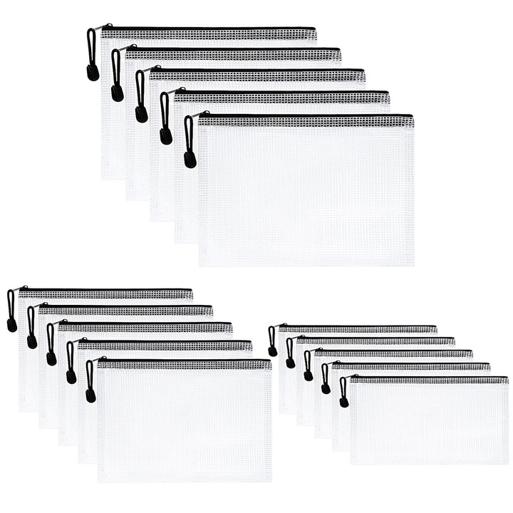 Set 15 Mapa Protectie Inchidere Fermoar Pastel, Zggzerg, A4/A5/A6, Grila transparenta, Impermeabil si rezistent la umiditate, Rezistent la uzura, Pentru scoala, birou, rechizite de calatorie, PVC, Negru