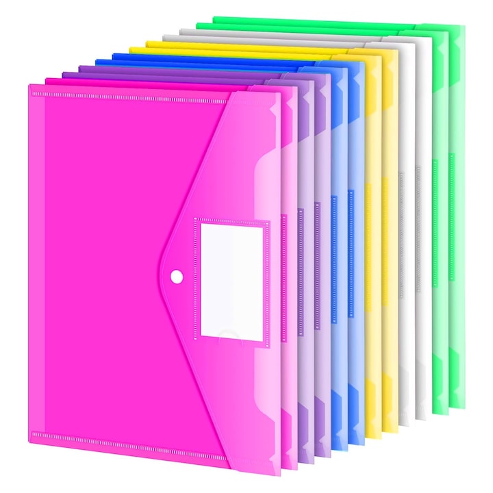 Set 12 Mapa Plic Plastic A4, Zggzerg, Cu buton, eticheta, Transparent, Impermeabil si rezistent la umiditate, Rezistent la uzura, Reutilizabile, Pentru scoala, birou, rechizite de calatorie, PP, 32.5 x 23.5cm, Alb/Roz/Violet/Albastru/Galben/Verde