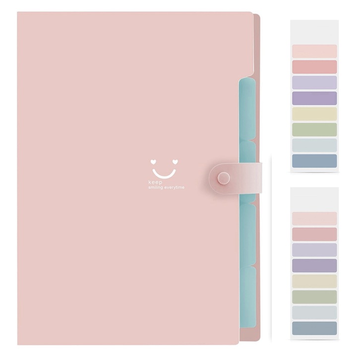 Dosar Cu 5 Buzunare, Zggzerg, Vine cu 2 x note lipicioase, Design snap, Impermeabil, Portabil, Reutilizabile, Usor de utilizat si de luat cu el, Potrivit pentru acasa, scoala, rechizite de birou, Plastic, 32.5 x 24.5cm, Roz