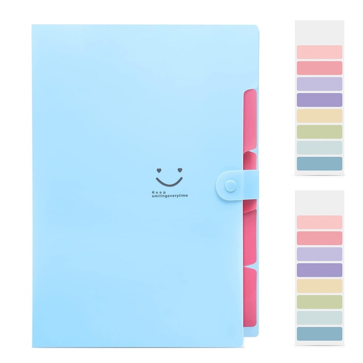 Dosar Cu 5 Buzunare, Zggzerg, Vine cu 2 x note lipicioase, Design snap, Impermeabil, Portabil, Reutilizabile, Usor de utilizat si de luat cu el, Potrivit pentru acasa, scoala, rechizite de birou, Plastic, 32.5 x 24.5cm, Albastru