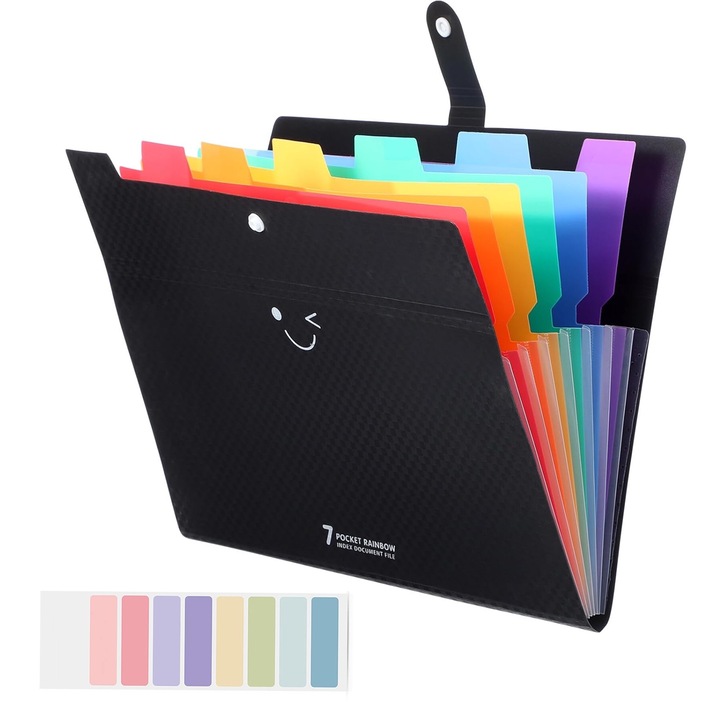Dosar Cu 7 Buzunare, Zggzerg, Vine cu 1 x note lipicioase, Design snap, Impermeabil si rezistent la umiditate, Portabil, Reutilizabile, Potrivit pentru acasa, scoala, rechizite de birou, Plastic, 33 x 24.5cm, Negru