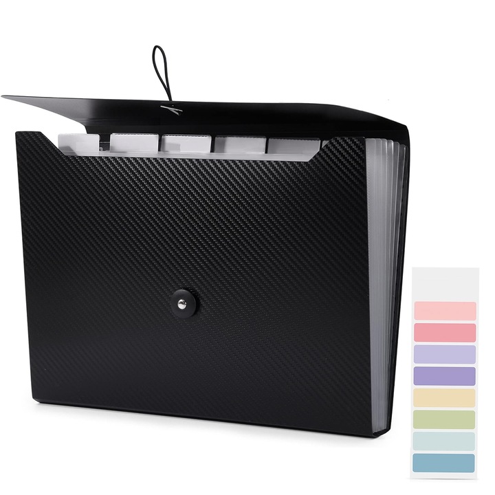 Dosar Cu 7 Buzunare, Zggzerg, Vine cu 1 x note lipicioase, Cu catarama pentru frisbee, Impermeabil si rezistent la umiditate, Portabil, Reutilizabile, Potrivit pentru acasa, scoala, rechizite de birou, Plastic, 33 x 24.5cm, Negru/Transparent