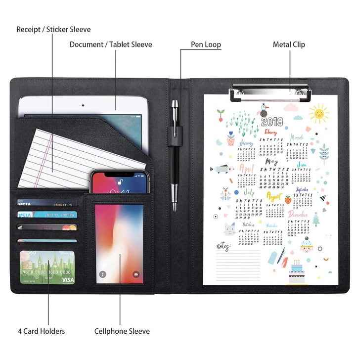 Dosar Clipboard Dublu Din Piele, Zggzerg, A4, Cu clip metal, slot pentru card, inel de stilou, Impermeabil, Portabile, Moale si durabil, Usor de curatat, Potrivit pentru afaceri, calatorii, birou, conferinta, PU, 24 x 32cm, Negru
