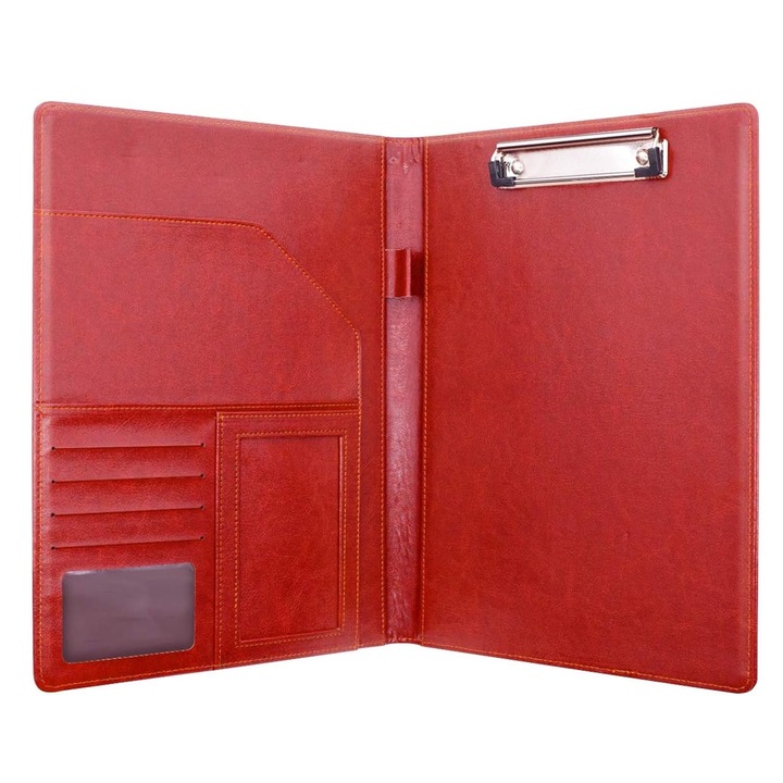 Двойна кожена папка с клипборд, Zggzerg, A4, С метална скоба, слот за карти, пръстен за писалка, Водоустойчива, Преносима, Мека и издръжлива, Лесна за почистване, Подходяща за бизнес, пътуване, офис, конференция, PU, 24 x 32 см, Червена