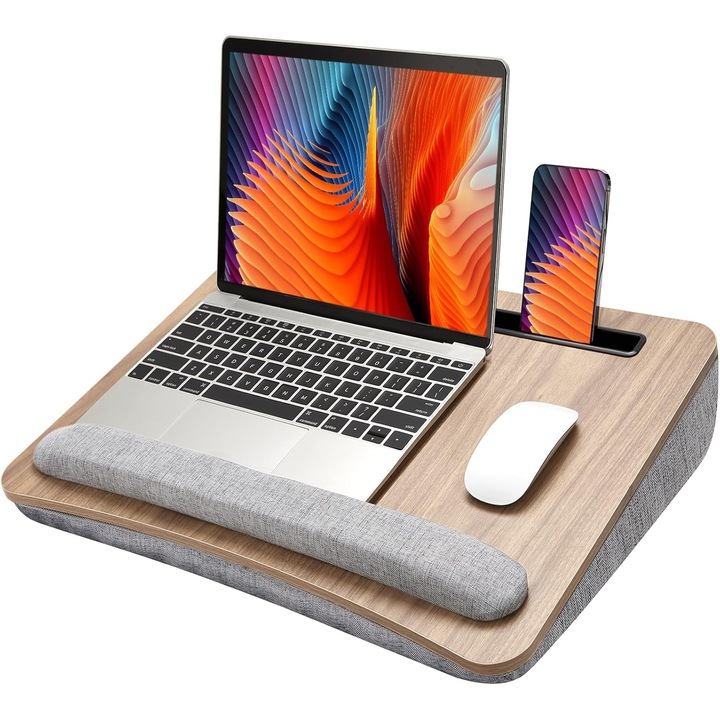 Suport Laptop, BYONDSELF®, cu Suport Telefon, Realizat Din Lemn, cu Maner, Perna Dubla, Ergonomic, Potrivit pentru Laptopuri de 15.6", Maro