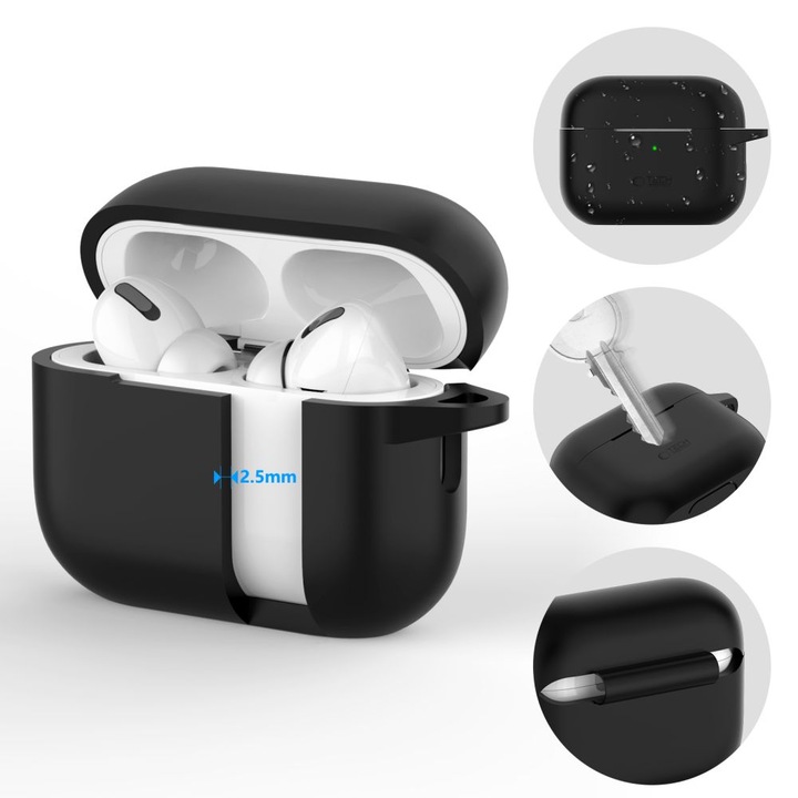 Tech-Protect szilikon kampós tok AirPods Pro 1/2-höz, minimalista, karcálló, karabinerrel, fekete