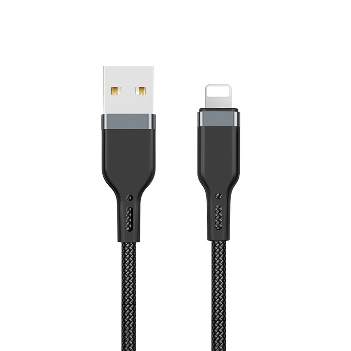 USB-A kábel a kompatibilis csatlakozóhoz Apple SilverWhite, OPTIM SOLUTION, 3A tápellátás, 120 cm, 480 Mbps adatátvitel, alumínium és fonott anyag, fekete