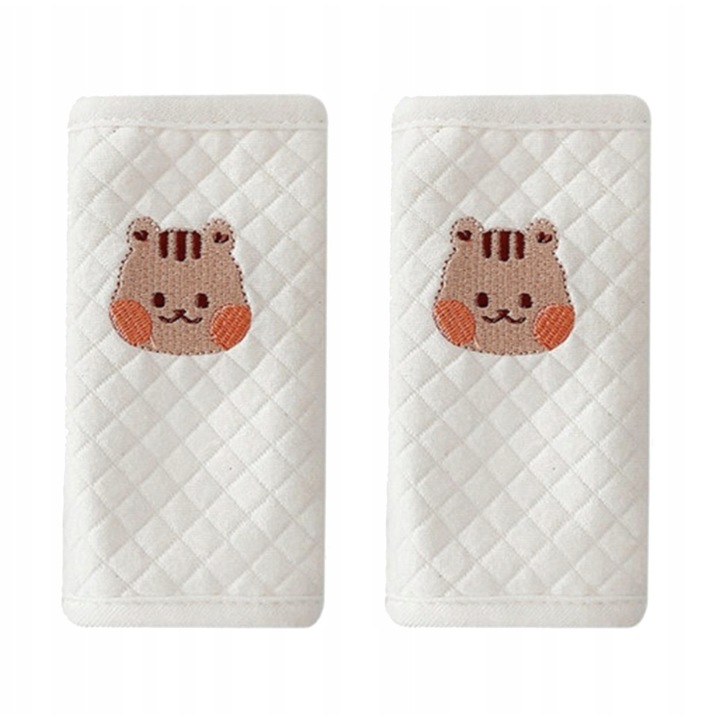 Protectie pentru centura de siguranta, pentru copii, cu model ursulet, din bumbac, cu arici velcro, Alb, VELICO®