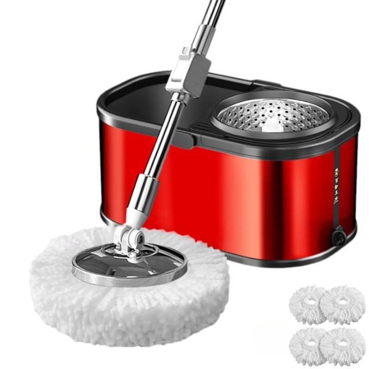 Set galeata mop cu centrifuga si rotatie 360 de grade din inox inoxidabil, Arvada MagicClean, galeata ovala, dimensiuni 42x26x22cm finisaj lucios si orificiu de scurgerea a apei cu 4 rezerve culoare alba, rosie