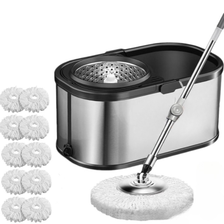 Set galeata mop cu centrifuga si rotatie 360 de grade din inox inoxidabil, Arvada MagicClean, galeata ovala, dimensiuni 42x26x22cm finisaj lucios si orificiu de scurgerea a apei cu 10 rezerve culoare alba, Gri