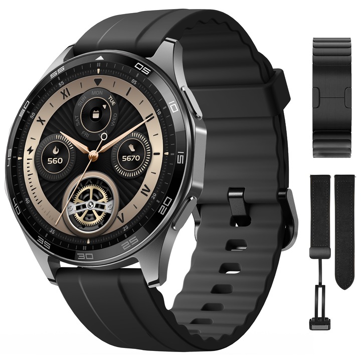 Smartwatch barbati GTX15, AMOLED 1.43', 3ATM, Functie AI, Multiple functii fitness, Monitorizare Ritm Cardiac, Tensiune Arteriala, Oximetru SpO2, HRV, Notificari Apeluri si Mesaje, Calorii, Antrenament respirator, Meteo,256MB