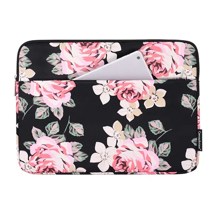Geanta Laptop 13-14", Model Floral, Material Impermeabil, Poliester, Negru