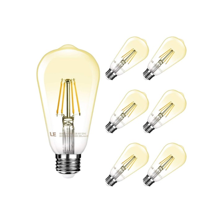Комплект 6 LED крушки, FEILEMAN, ST64 500 lm 5 W, 2700K, Цокъл E27, Жълто стъкло, Топла бяла светлина