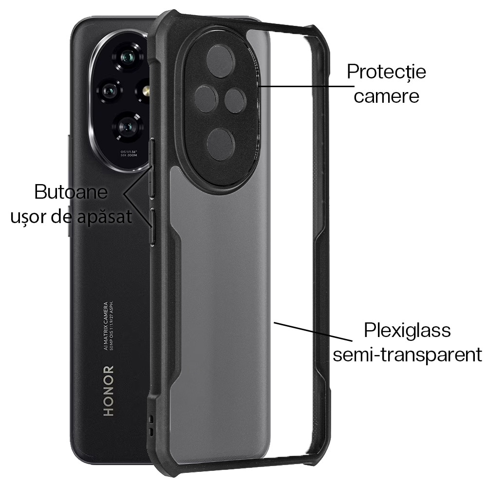 Husa Antigravity SILKASE pentru Honor 200 Pro, AntiShock, negru/transparent