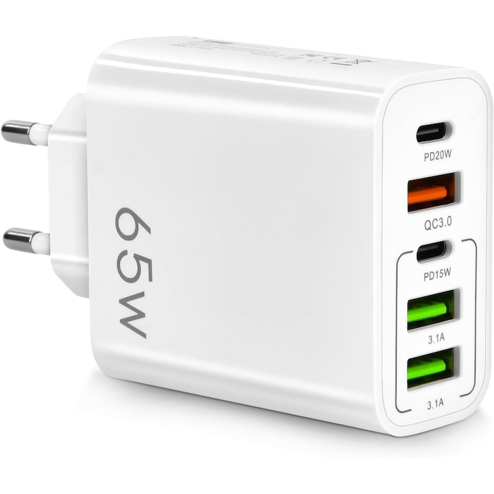Мрежово зарядно устройство 65W, 5 порта, 65W бързо зареждане, 3 x USB, 2 x Type-C, включен кабел за данни USB-C черен, универсално съвместим iPhone, Huawei, Samsung, Xiaomi, бял