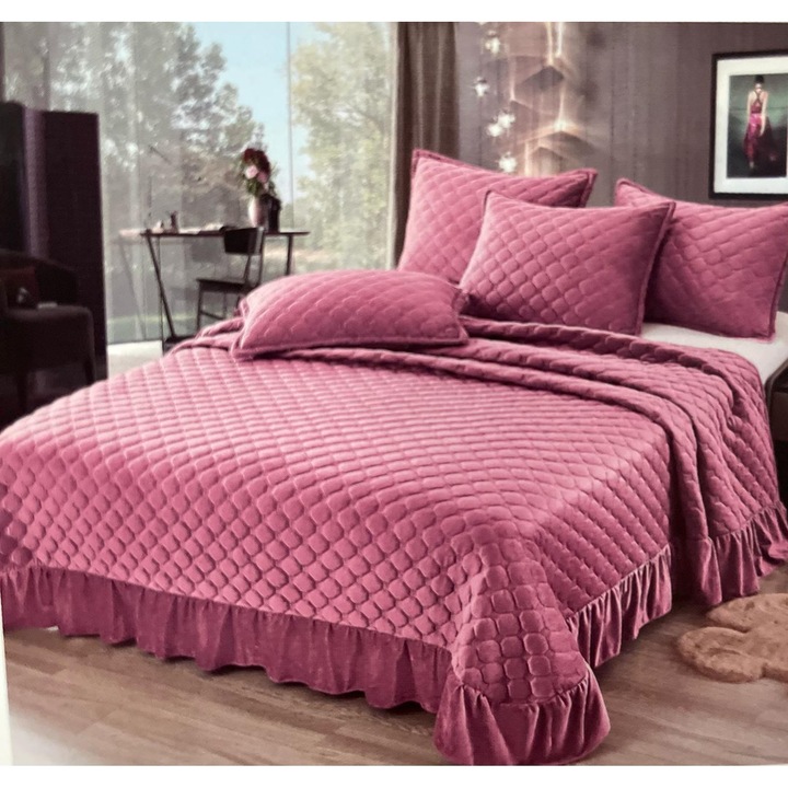 Cuvertura pat dublu 3 piese, Catifea matlasata, Super Elegant Pucioasa Roz / Fucsia