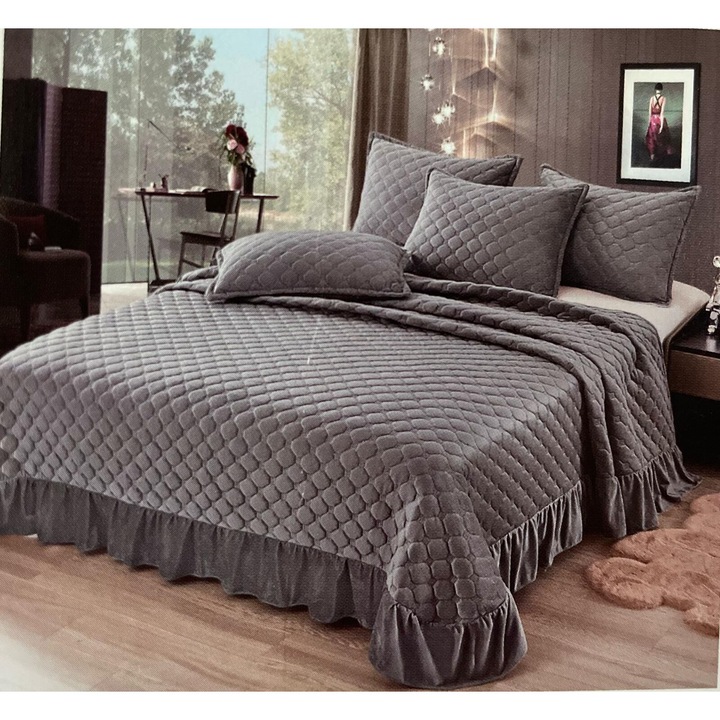 Cuvertura pat dublu 3 piese, Catifea matlasata Super Elegant Pucioasa