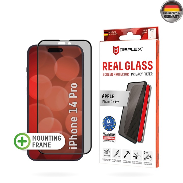 Üvegvédő iPhone 14 Pro készülékhez - Displex Premium Real Glass Privacy - fekete