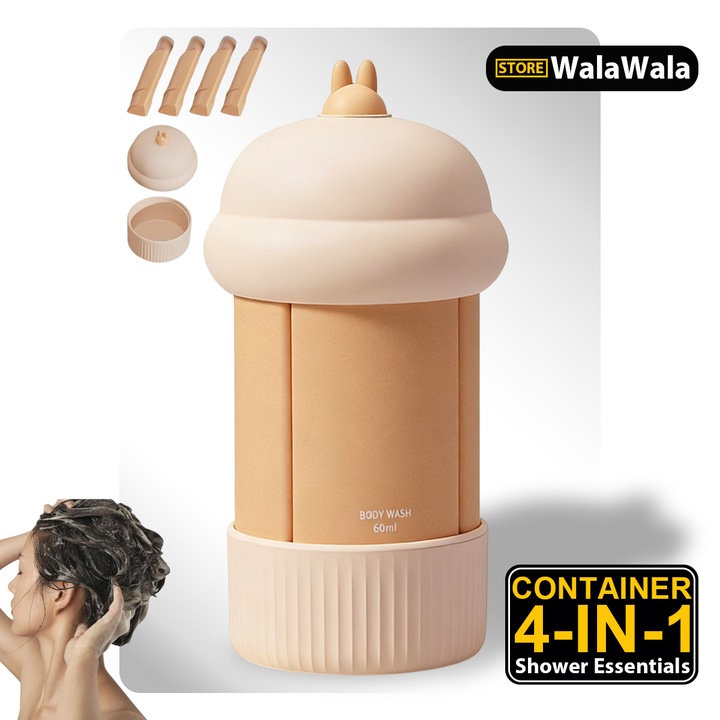 Set 4 Recipiente de Calatorie, Total 240 ml (4 x 60 ml), Silicon Reutilizabil, Rezistent la Scurgeri, Compact si Portabil, Ideal pentru Sampon, Balsam, Lotiune sau Gel, Portocaliu/Bej