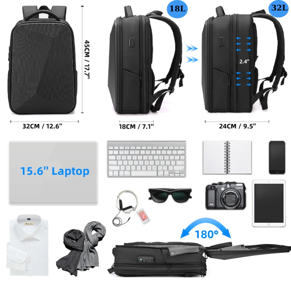 Rucsac Laptop 15 inch, SALENDRO, impermeabil, extensibil, negru, 18L-32L