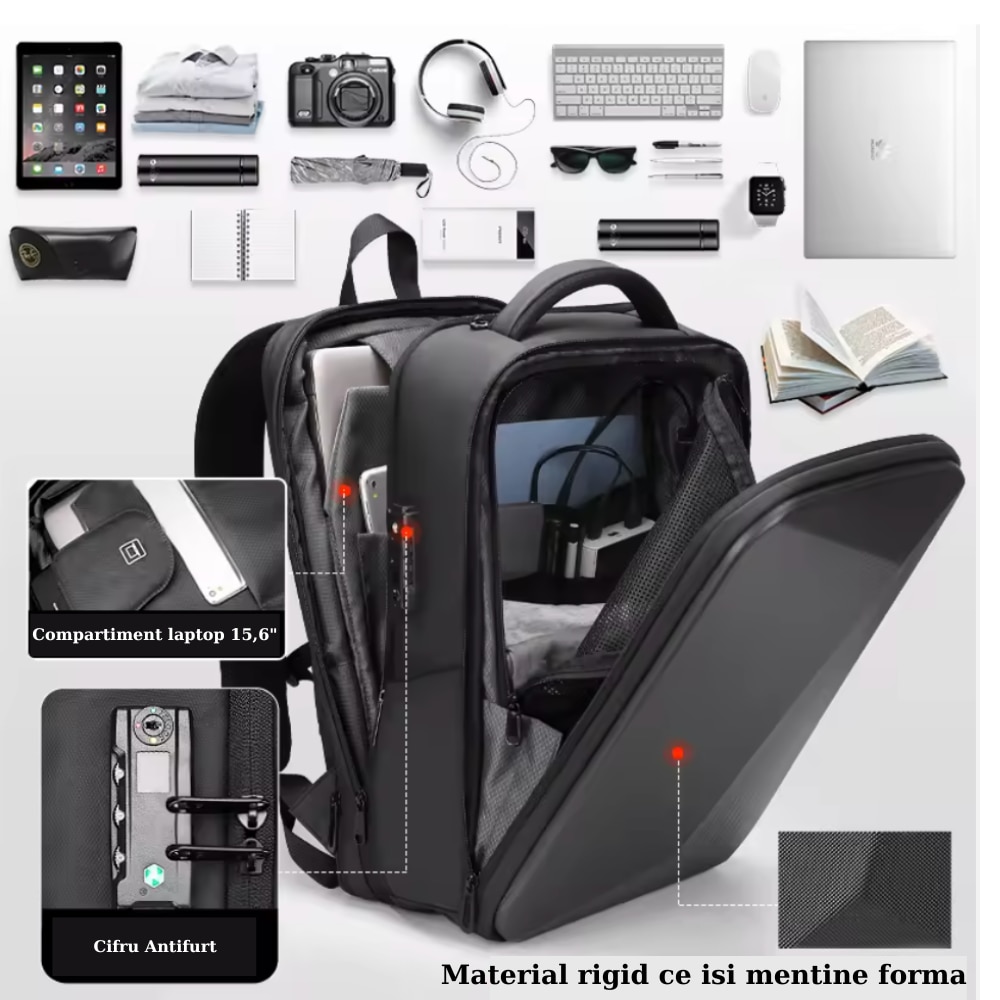 Rucsac Laptop 15 inch, SALENDRO, impermeabil, extensibil, negru, 18L-32L