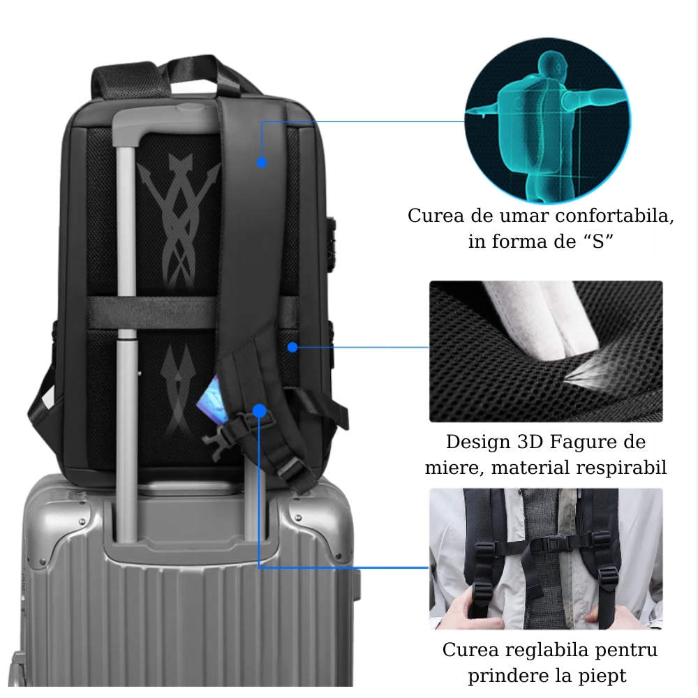 Rucsac Laptop 15 inch, SALENDRO, impermeabil, extensibil, negru, 18L-32L