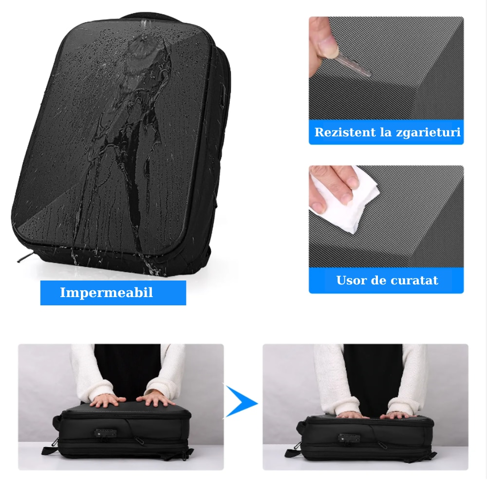 Rucsac Laptop 15 inch, SALENDRO, impermeabil, extensibil, negru, 18L-32L