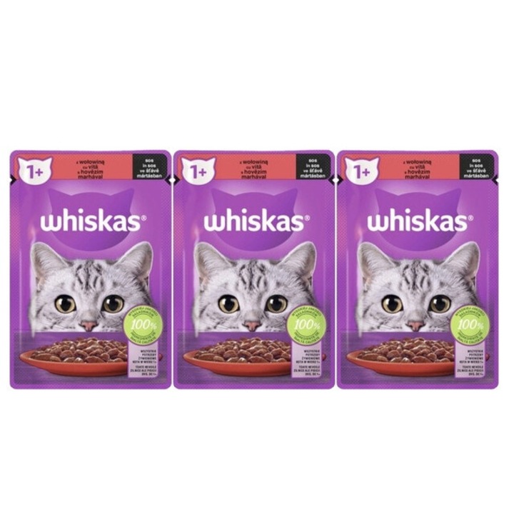 Set 3 x WHISKAS plic 85gr vita in sos, aroma intensa, usor de digerat, dieta echilibrata, proteine, continut bogat in nutrienti, sistem imunitar puternic, blana stralucitoare, fara coloranti, fara conservanti, fara arome artificiale