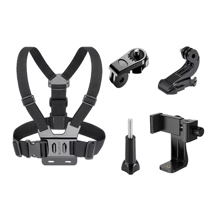 Универсален комплект колани за монтиране на гърдите 5 в 1, съвместим с GoPro, черен
