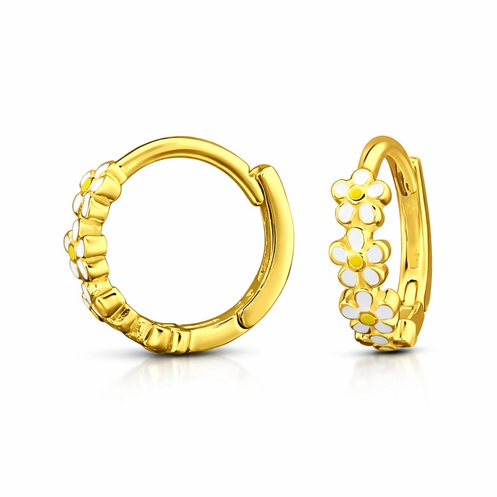 Cercei tortite pentru fetite Boutique 23® Daisy Flower Huggie, pentru copii, cercei din argint 925 cu tortita; cercei placati cu aur 14K, cutie bijuterie, auriu