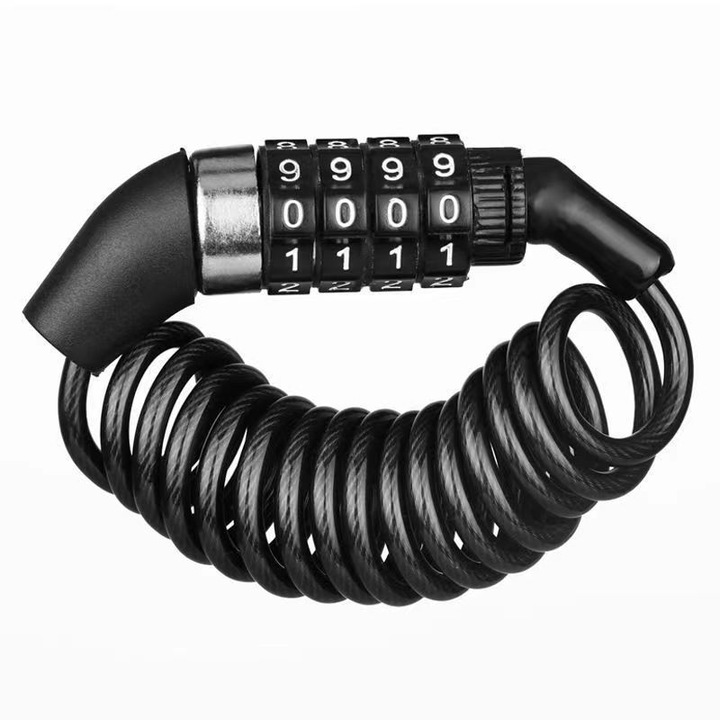 Blocant antifurt pentru bicicleta, JENUOS®, trotineta si motocicleta, Cu parola de 4 digiti, Usor de utilizat si transportat, cablu otel, PVC, Impermeabil si rezistent la rugina, 1.5m, Negru