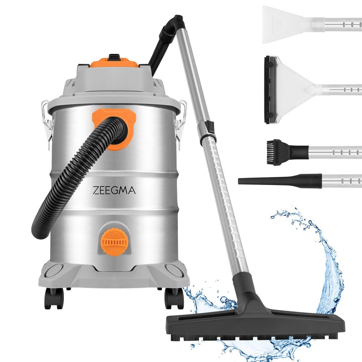 Индустриална прахосмукачка Zeegma Zonder Pro Multi, 3600W, изсмукване сухо/мокро и пепел, 25L резервоар, HEPA филтър - сребрист