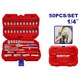 Set Tubulare cu Clichet 1/4″ EMTOP ESKT14501, 50 Componente, Cheie Clichet 45T, Bara Extensie, Articulatie Universala, Accesorii pentru Diverse Uzuri, Cutie de Transport, Ideal pentru Mecanica Auto si Uz Casnic, Rosu/Albastru