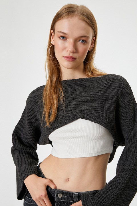 KOTON, Pulover crop cu decolteu barcuta, Gri antracit