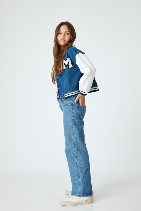 KOTON, Jacheta College cu insertii din denim, Alb/Albastru inchis