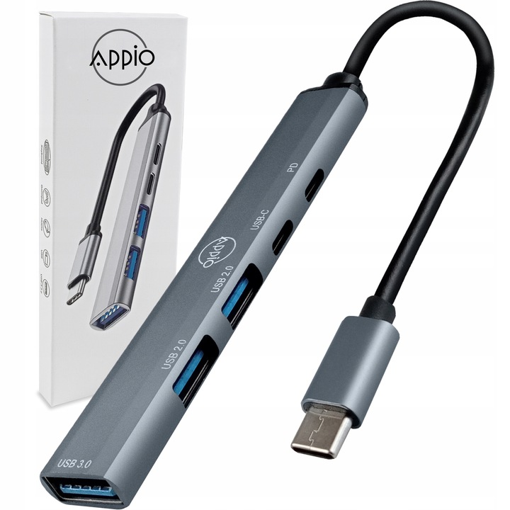 HUB USB-C, Appio, 5 porturi, 10.2 x 1.6 x 0.8 cm, argintiu