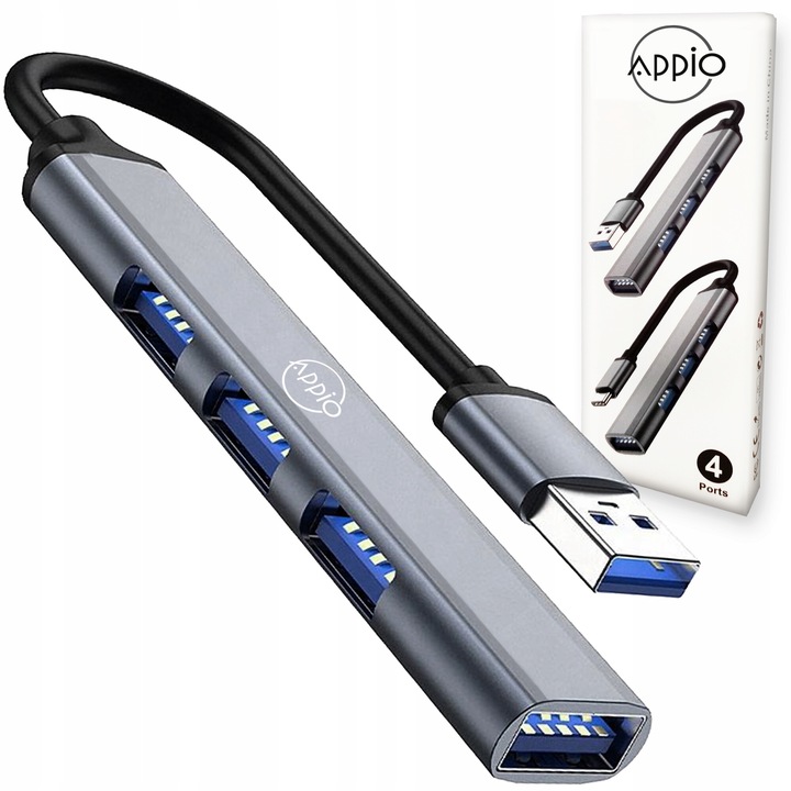 Appio 3.0 USB хъб, 4 порта, алуминий, 8.8x1.7x0.9cm, кабел 13cm, сребрист