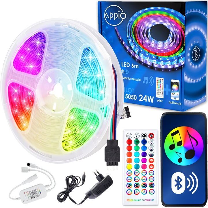 Set Benzi LED Appio, RGB, control prin aplicatie, functie muzicala, 6m, multicolor