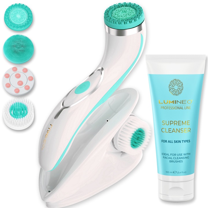 Perie faciala PRO LUMINEO, 4 capete si gel pentru piele normala, turquoise