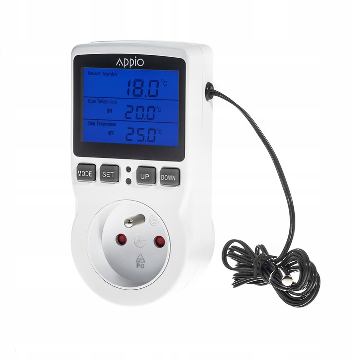Appio elektronikus termosztát, hőmérséklet állítás, LCD, -40~120°C, 230V, 120x58x75mm, fehér