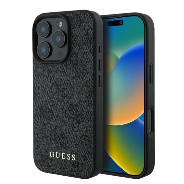 Калъф за телефон, Съвместим с Apple iPhone 16 Pro Max, Guess, естествена кожа, черен