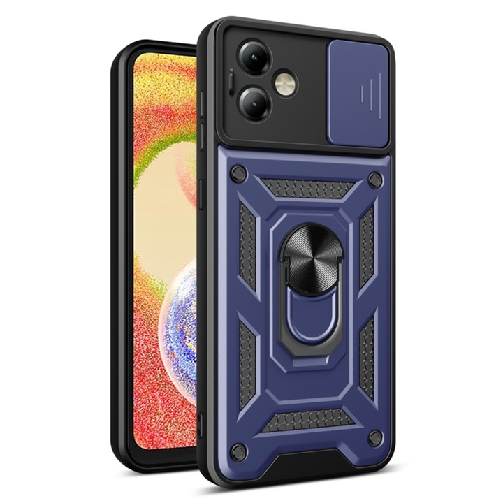 Husa pentru Motorola Moto G14 Premium Hybrid Armor Kickstand, Slider Camera, Antisoc, Protectie Superioara, Albastru
