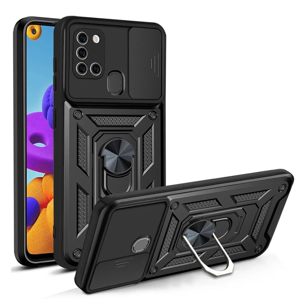 Husa pentru Samsung Galaxy A21s Premium Hybrid Armor Kickstand, Slider Camera, Antisoc, Protectie Superioara, Negru