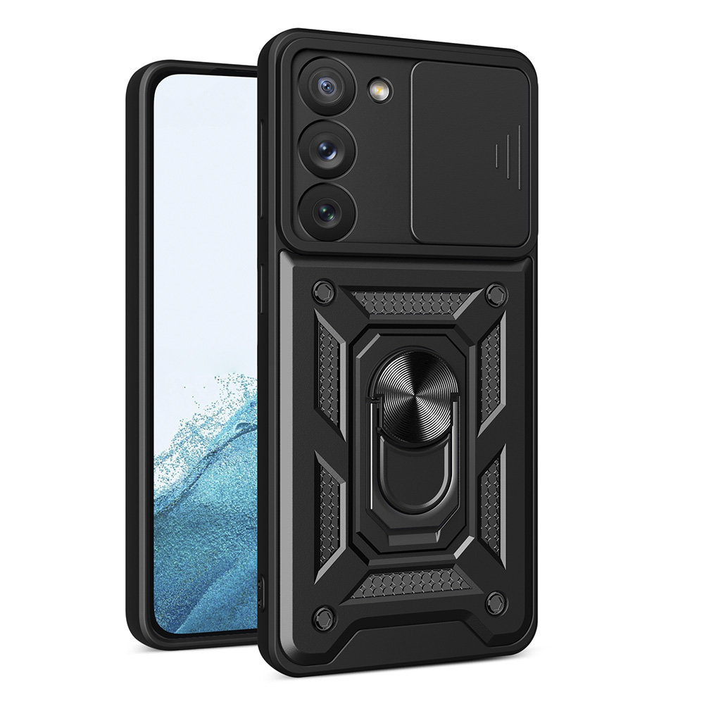 Husa pentru Samsung Galaxy S22 5G Premium Hybrid Armor Kickstand, Slider Camera, Antisoc, Protectie Superioara, Negru