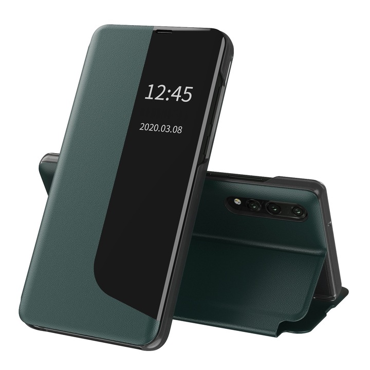 Калъф с висока защита за Huawei P20 Pro, Tuds Armor, серия eFold, F10, екологична кожа, горскозелен