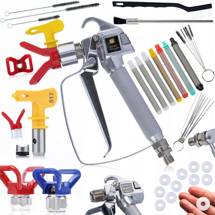 Kit Pistol de vopsit pentru unitate cu duza 517 + capac din otel inoxidabil + filtre pentru degete 30/60/70/100/200 plasa + garnitura 10x + set de curatare 17 in 1