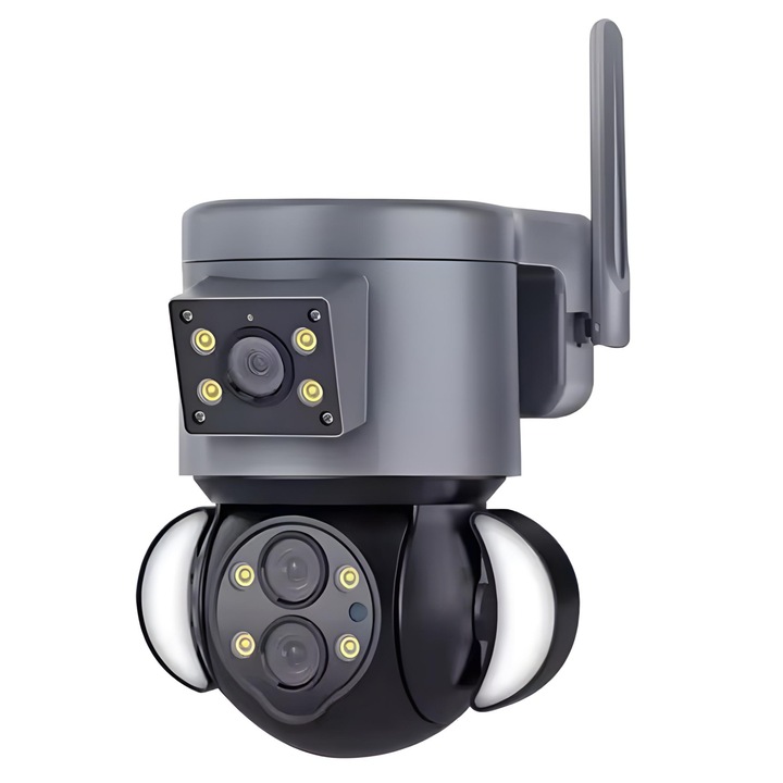 goBERA vezeték nélküli biztonsági kamera, 4 MP + 4 MP Super HD, 10X optikai zoom, PTZ Bullet, kettős lencse, fejlett monitorozás, mozgás és kétirányú hang, színes éjszakai látás, 355°-os elforgatás, IP65, szürke