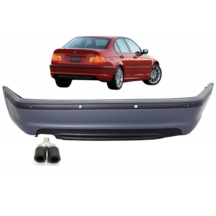 Задна броня с орнамент на ауспуха на барабана Матово въглеродно влакно, съвместимо с BMW Серия 3 E46 4D Седан 1998-2004 M-Technik Design