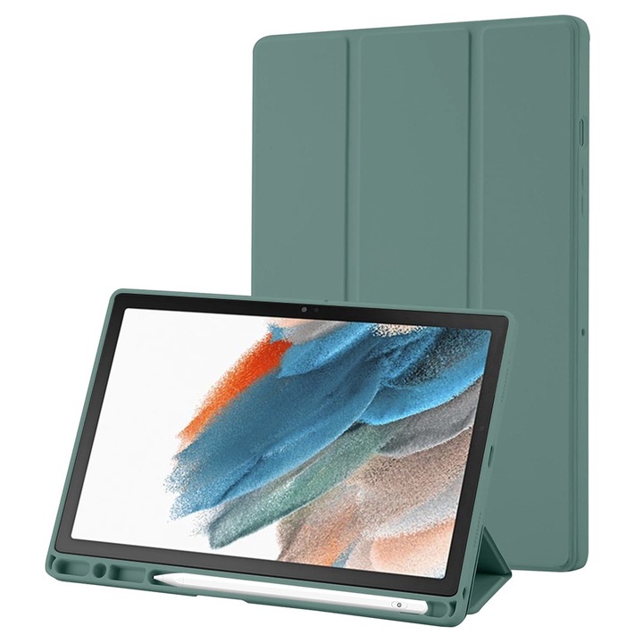 Husa pentru Samsung Galaxy Tab A8 10.5 inch Soft Shell cu functie wake-up/sleep si compartiment pentru stylus tip stand - verde